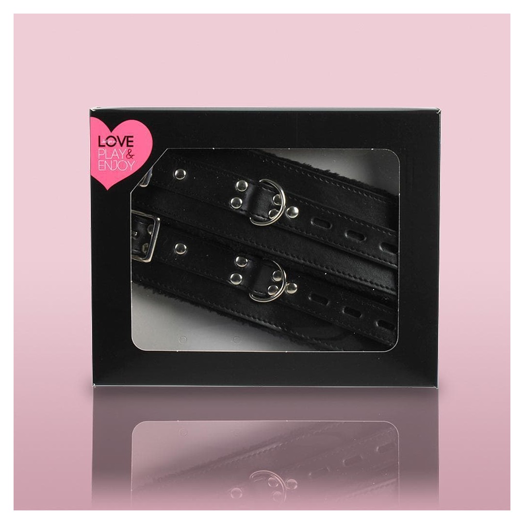Coffret Menottes en cuir noires avec fourrure