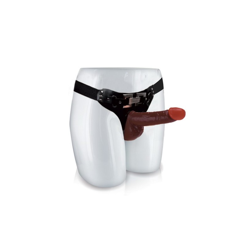 Gode ceinture réaliste noir avec testicules 18,2cm