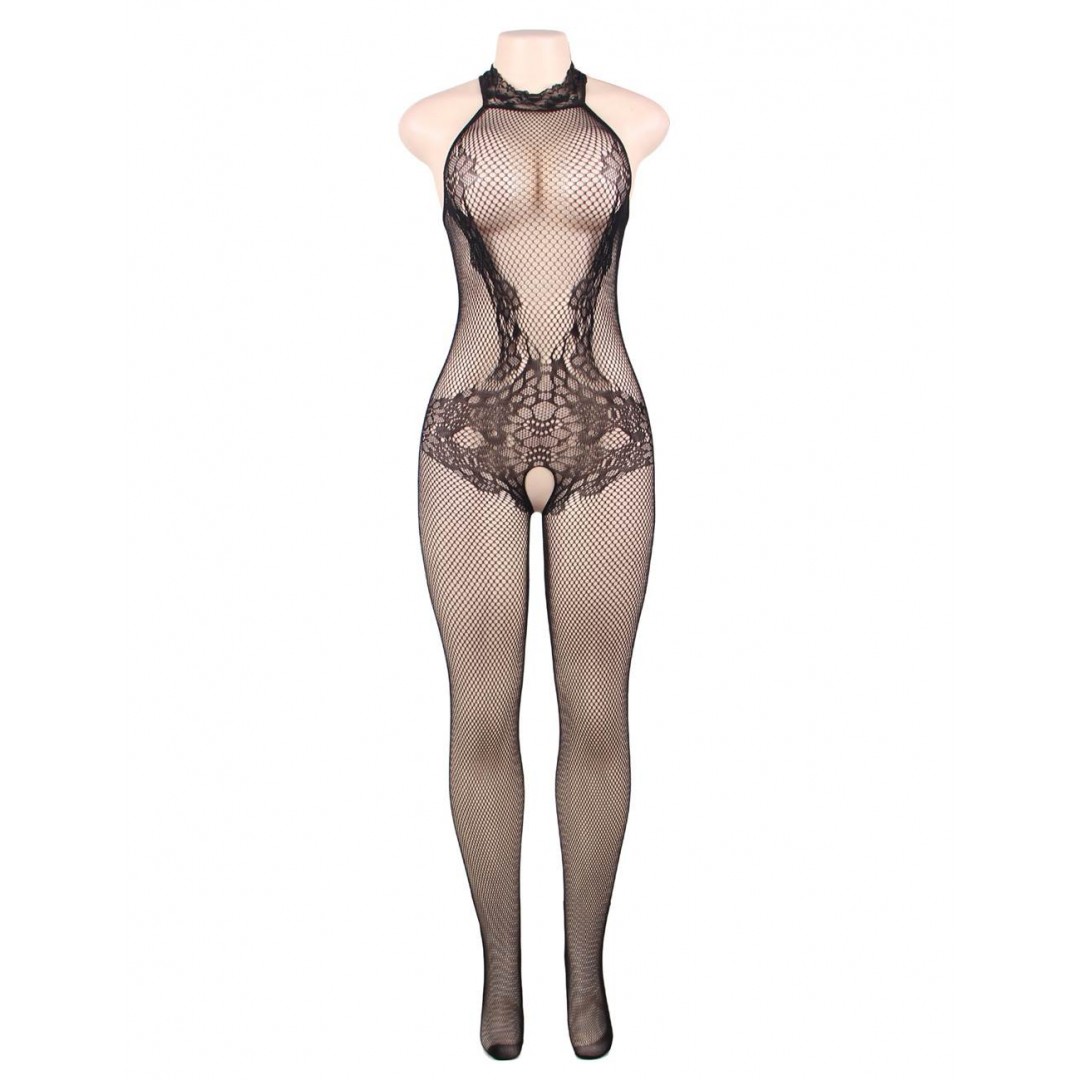 Bodystocking en dentelle et résille noire