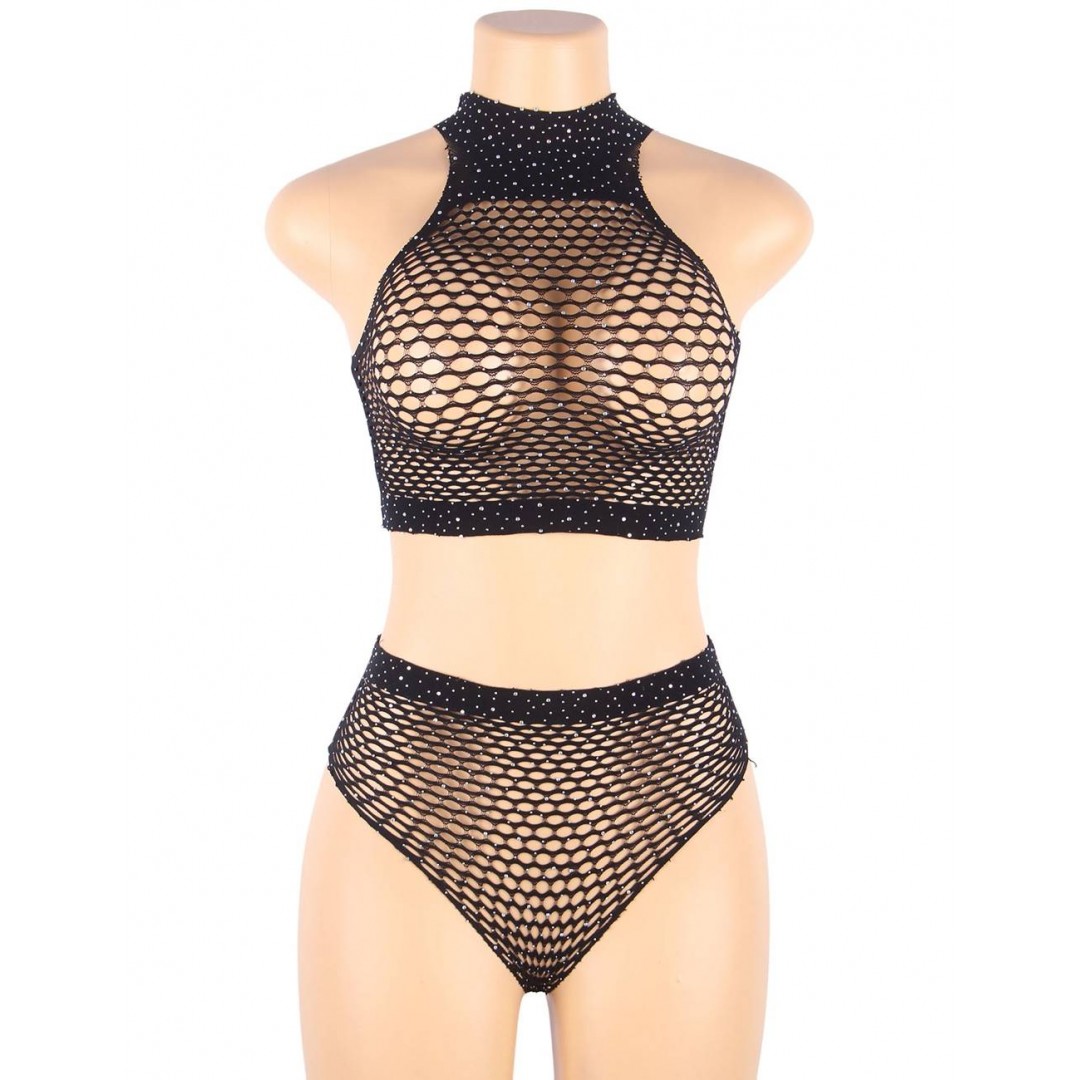 Ensemble deux pièces en résille strass transparent