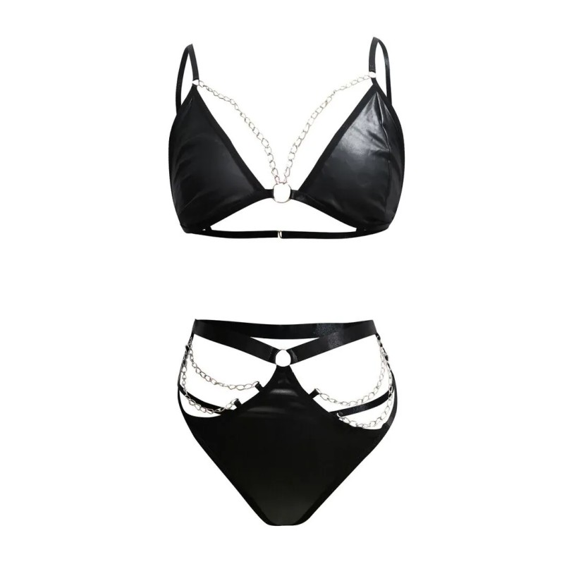 Ensemble lingerie similicuir noir avec chaînes