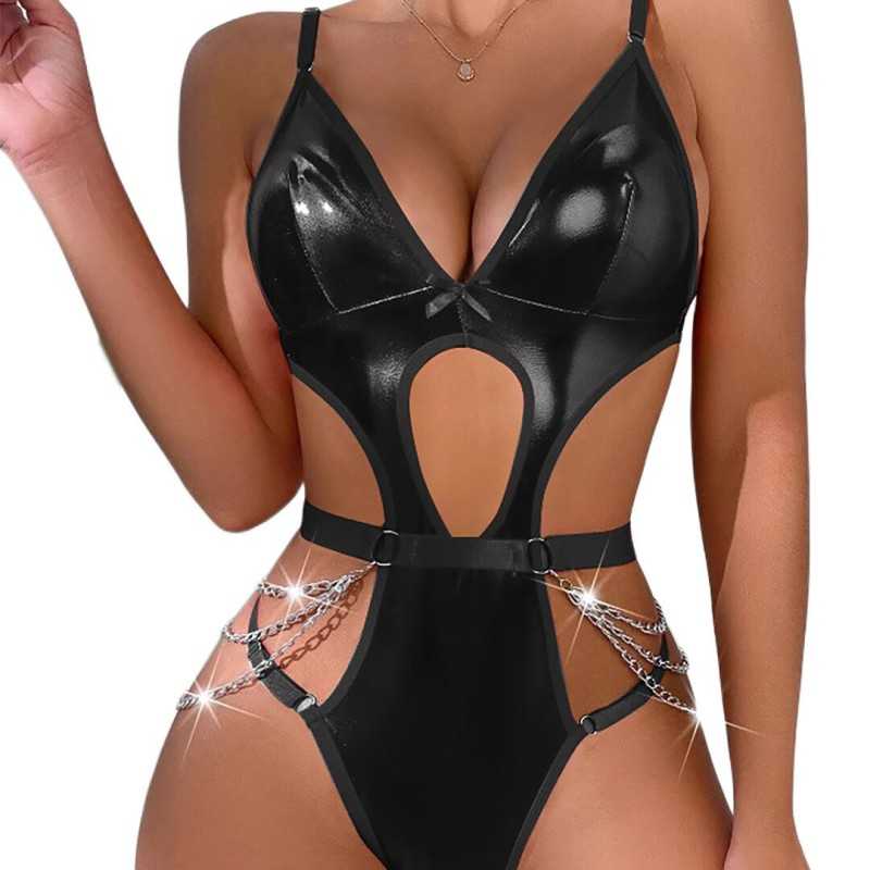 Body sexy en similicuir découpé avec chaînes